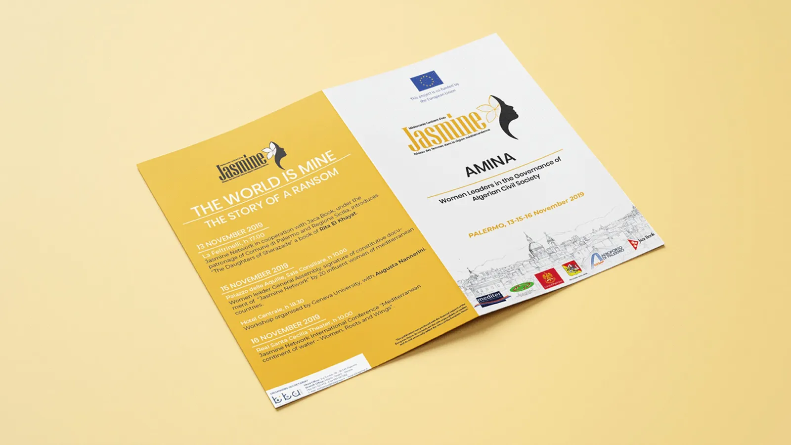 The AMINA brochure for “The World Is Mine”, front and back