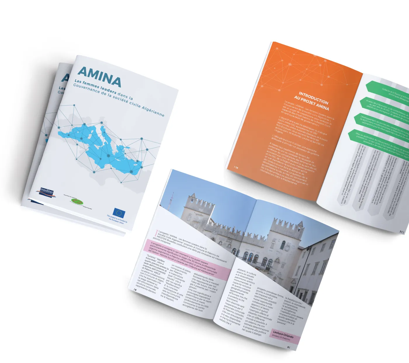 AMINA publications: a report cover with a map of the Mediterranean, an orange inside spread and a page with a photo of a historic building