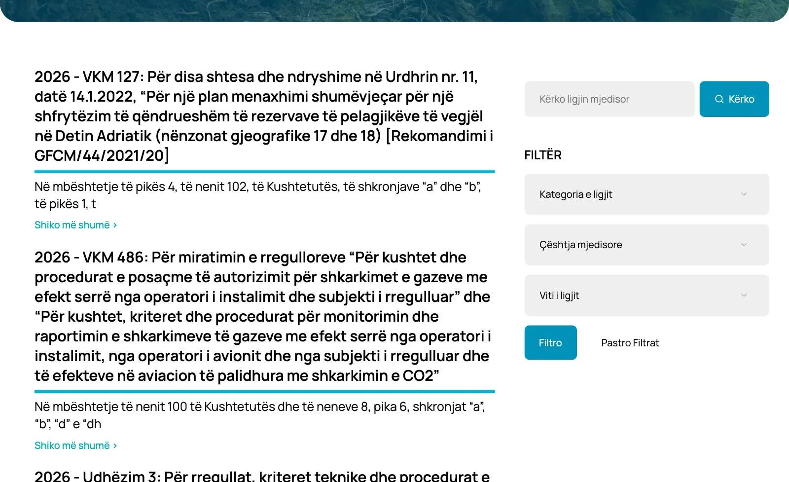 The legislation database: Council of Ministers decisions listed beside a search field and filters for category, environmental issue and year