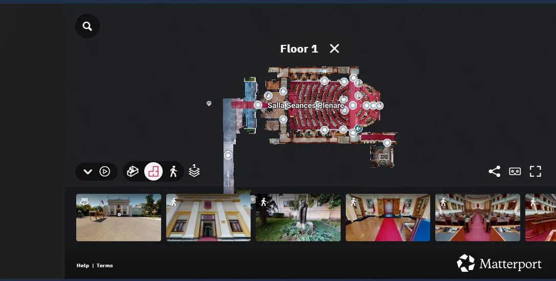 The virtual tour’s floor plan view with room thumbnails along the bottom