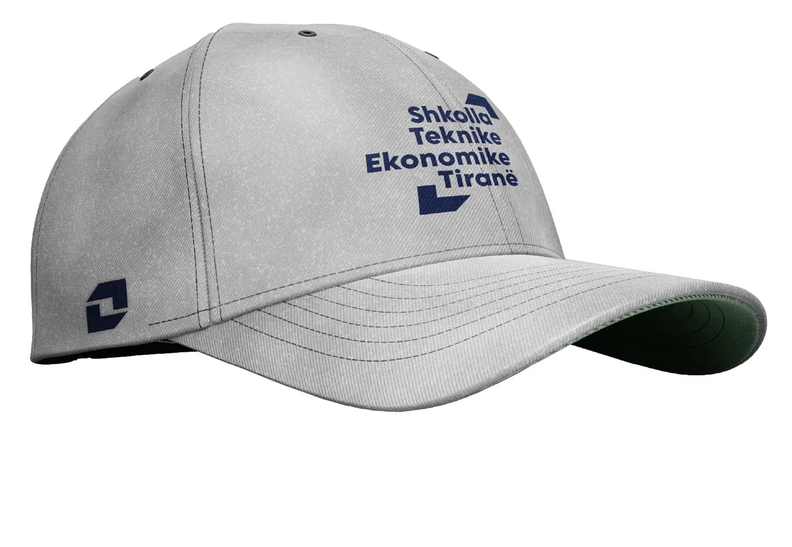A grey cap with the word mark