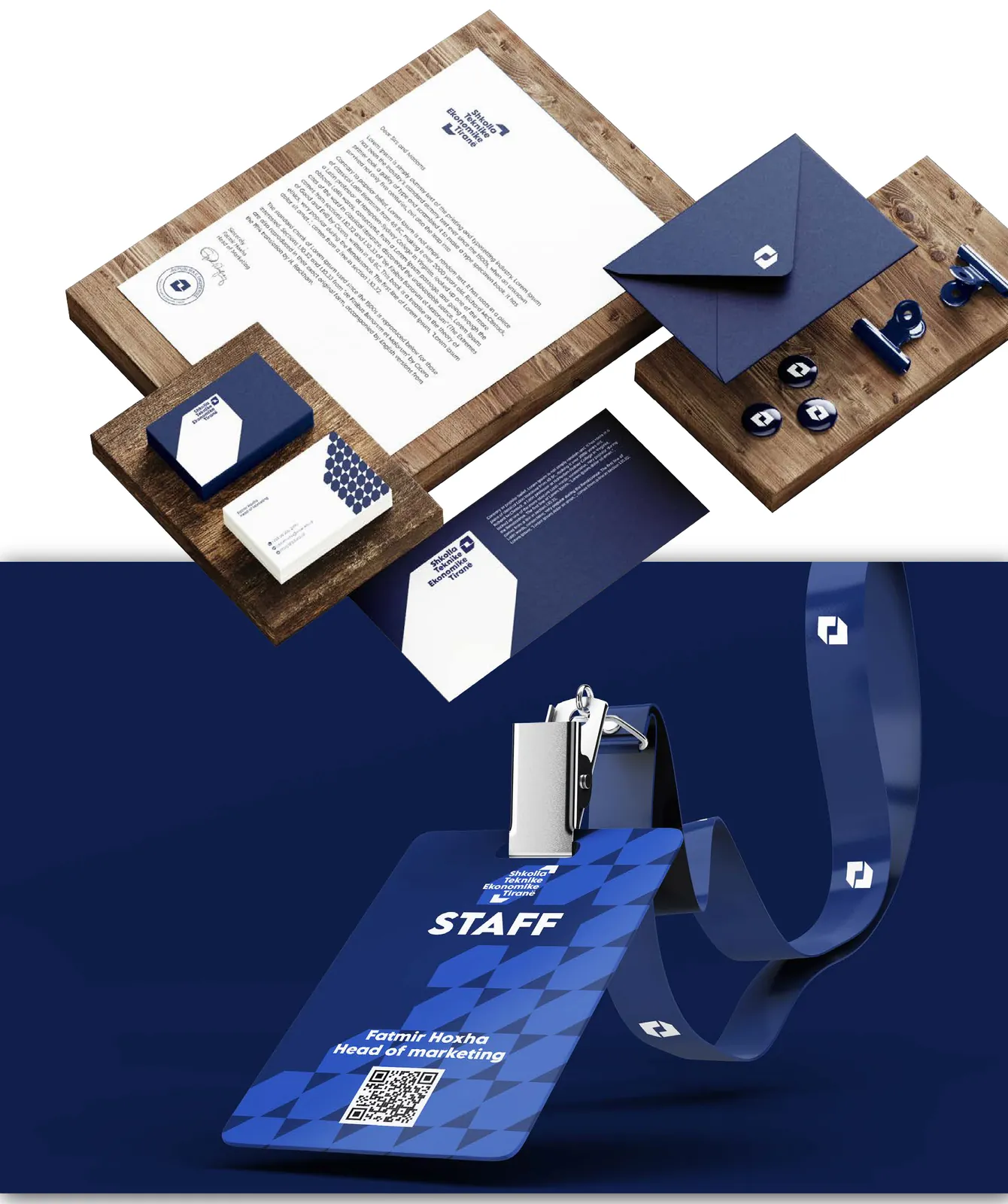 Letterhead, envelopes, business cards and a staff badge on a lanyard